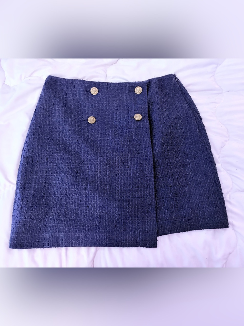 LOFT Navy Tweed Mini Skirt with Gold Button Accents